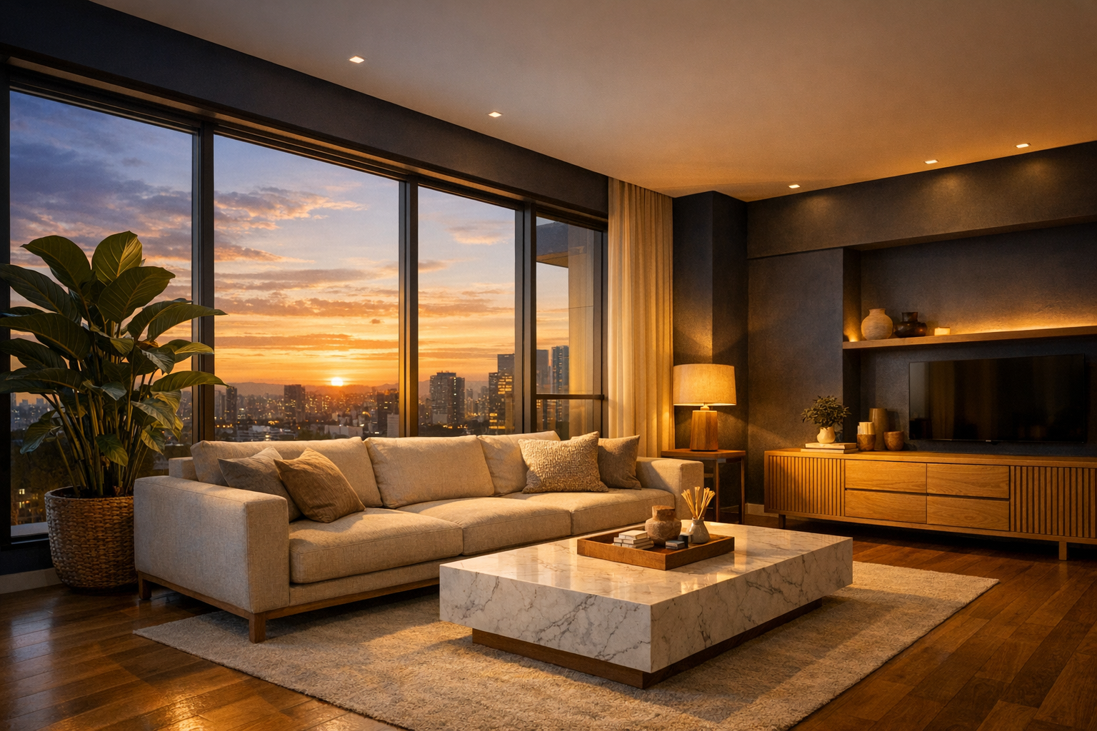 Sala de estar de um apartamento moderno ao entardecer